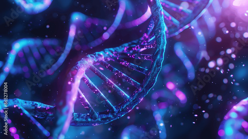 Abstract Digital Representation of Glowing Blue and Purple DNA Strands