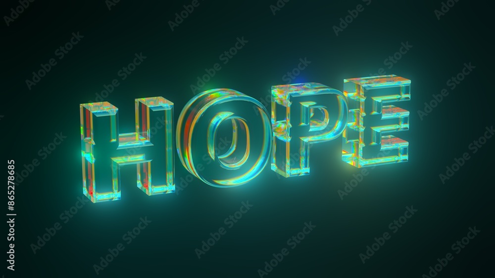 Bluish Green Glowing Shine Hope 3D Text Rendering with Glass Dispersion Texture Effect Bluish Green Glowing Shine Hope 3D Text Rendering with Glass Dispersion Texture Effect