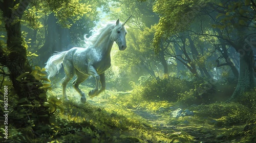 A beautiful unicorn is running through a lush green forest. The unicorn is white with a long, flowing mane and tail.