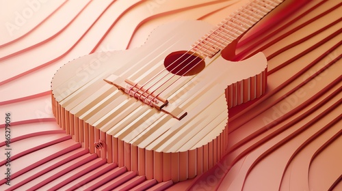 Pink ukulele on a pink background. The ukulele is made of wood and has a glossy finish. photo