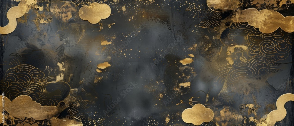 A Japanese background modern with Asian icons and symbols. An oriental traditional poster design. Abstract pattern and template with gold foil texture. Black watercolor elements. A banner design. A Japanese background modern with Asian icons and symbols. An oriental traditional poster design. Abstract pattern and template with gold foil texture. Black watercolor elements. A banner design.