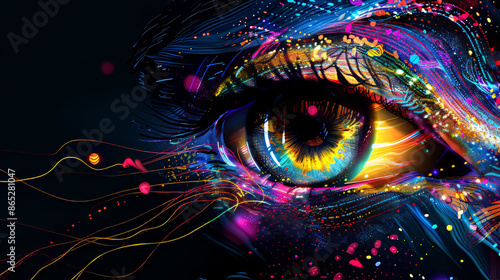 A colorful digital artwork of an eye with swirling patterns and vibrant colors, representing the dynamic nature of creative thinking in advertising, with a dark background
