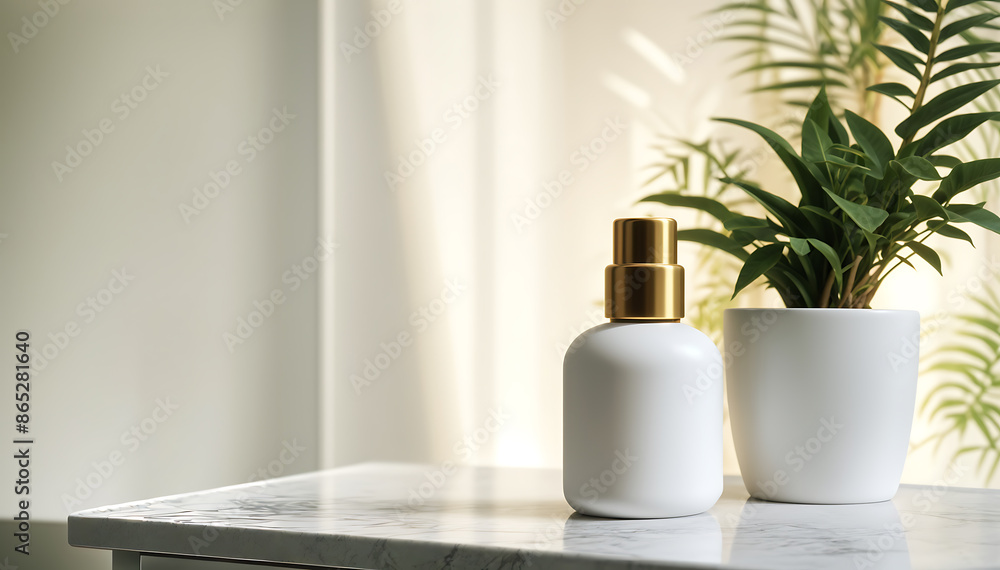 White cream bottle and leaves White cream bottle and leaves