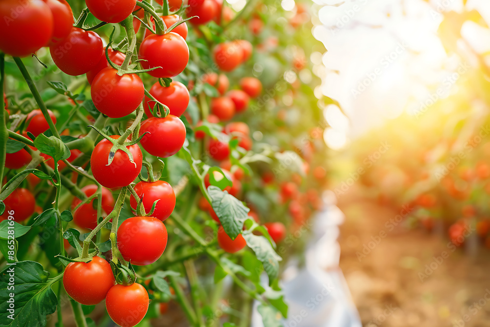 Red tomatoes hanging on the vine, the background blurred to focus attention on the foreground Red tomatoes hanging on the vine, the background blurred to focus attention on the foreground