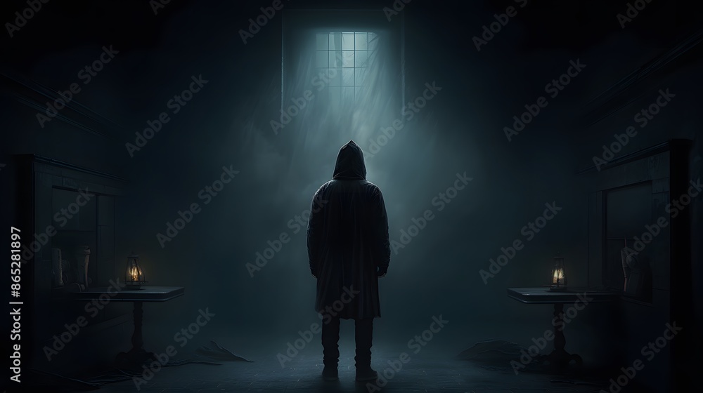 A man in a suit hoodie stands alone, illuminated by two wall lamps. The room is dark and foggy. Generative AI A man in a suit hoodie stands alone, illuminated by two wall lamps. The room is dark and foggy. Generative AI