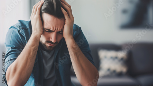 depression, a depressed man holding his head with his hands, sitting in an indoor setting, suggesting a state of deep concern or frustration. The background is blurred with contemporary decor photo
