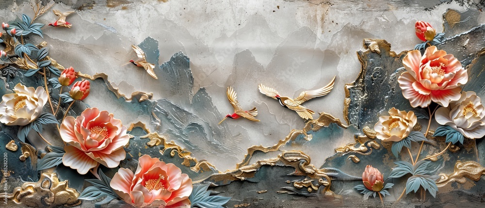 Illustration of a peony flower and gold crane birds in a vintage style. Oriental flora pattern banner design. Illustration of a peony flower and gold crane birds in a vintage style. Oriental flora pattern banner design.