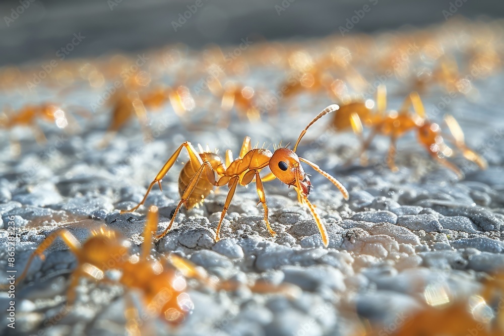 A macro shot showing a group of bright orange ants walking on a textured, rough surface, highlighting the detailed structure and activity of these small insects in their natural habitat. A macro shot showing a group of bright orange ants walking on a textured, rough surface, highlighting the detailed structure and activity of these small insects in their natural habitat.