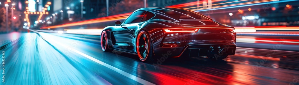 Dynamic image of a modern sports car racing through urban streets at night, surrounded by vibrant light trails and city lights. Dynamic image of a modern sports car racing through urban streets at night, surrounded by vibrant light trails and city lights.