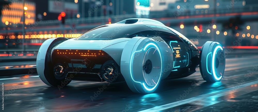 A sleek, futuristic electric car with glowing neon lights on a wet city street at night, showcasing advanced technology and modern design. A sleek, futuristic electric car with glowing neon lights on a wet city street at night, showcasing advanced technology and modern design.