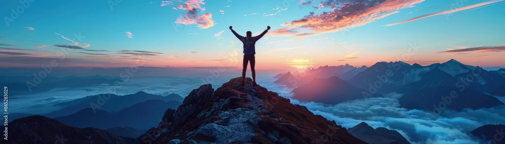 A hiker stands victoriously on a mountain peak, arms raised, against a breathtaking sunrise and cloud-filled valley backdrop. A hiker stands victoriously on a mountain peak, arms raised, against a breathtaking sunrise and cloud-filled valley backdrop.