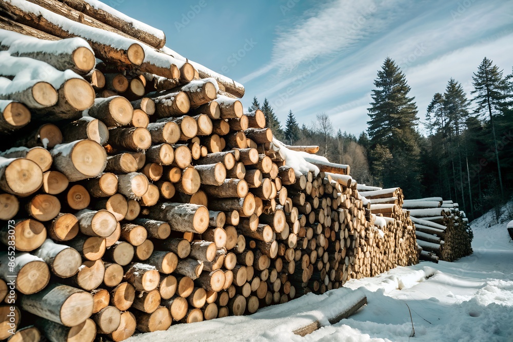logs neatly stacked near abundant trees, more logs await above logs neatly stacked near abundant trees, more logs await above