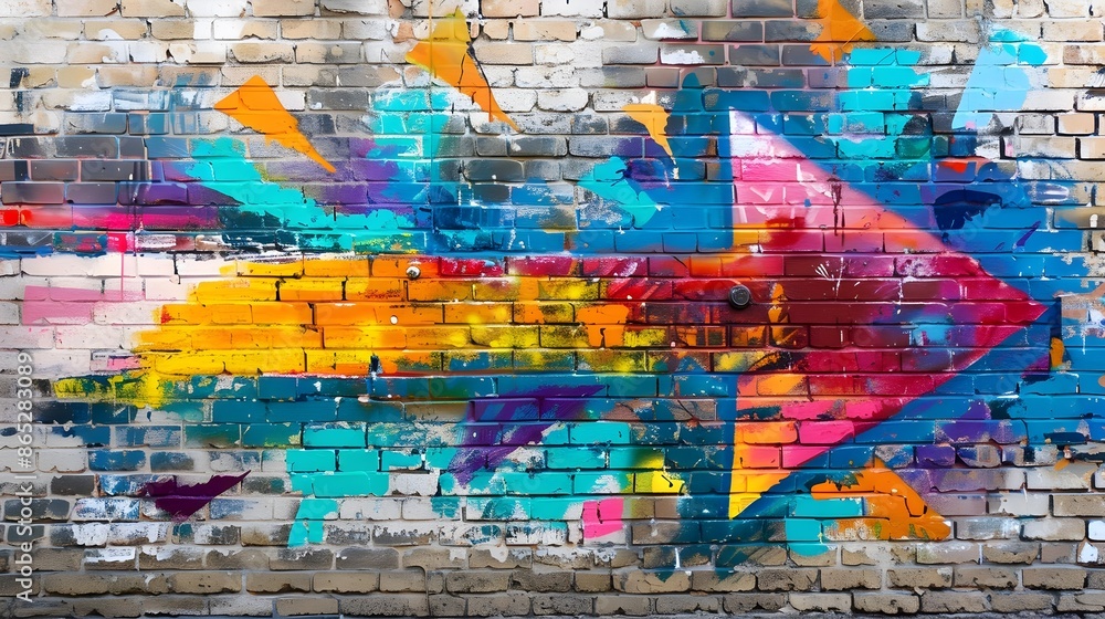 Fototapeta premium Vibrant 3D Arrow Painting on Brick Wall Symbolizing Creative Business Expansion