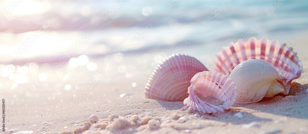 Pink seashells on a sandy beach near the ocean. Idea of vacationing and traveling in tropical destinations. Summer holiday mood. Empty space for text Pink seashells on a sandy beach near the ocean. Idea of vacationing and traveling in tropical destinations. Summer holiday mood. Empty space for text