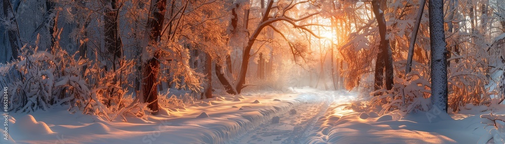 Naklejka premium A serene winter forest scene with a snow-covered path and sunlight streaming through the trees at sunrise, creating a magical atmosphere.