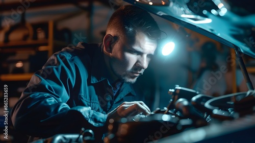 Mechanic Examining Engine Components with Flashlight for Thorough Inspection