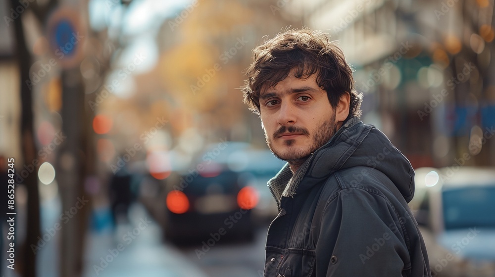 a man standing on a street corner with a beard and a jacket on a man standing on a street corner with a beard and a jacket on