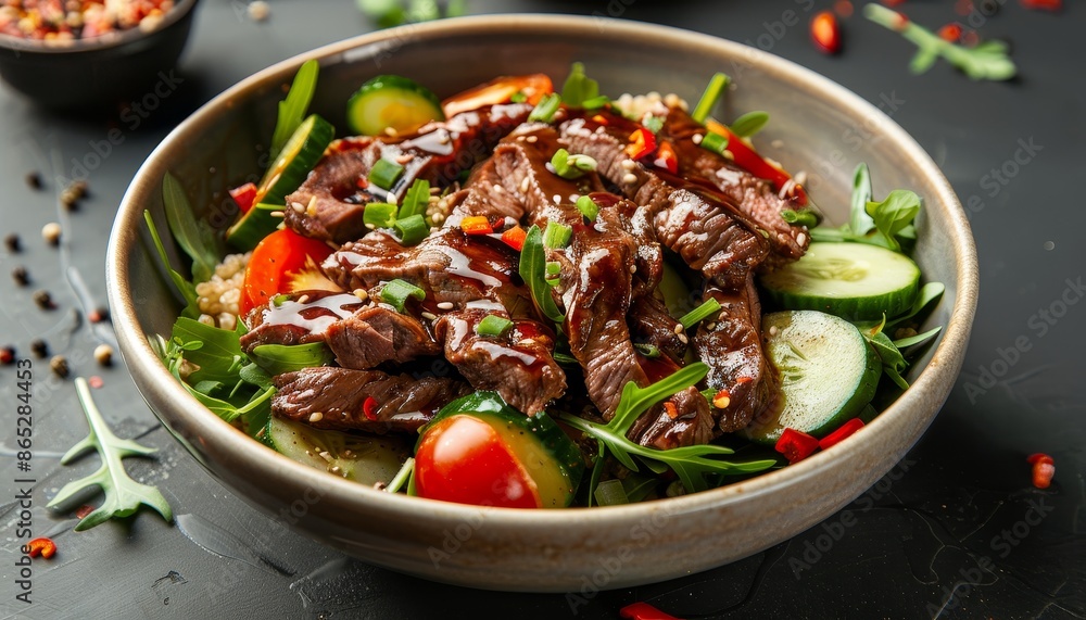Beef teriyaki salad with fresh tomatoes cucumbers paprika arugula and lettuce in a bowl Beef teriyaki salad with fresh tomatoes cucumbers paprika arugula and lettuce in a bowl