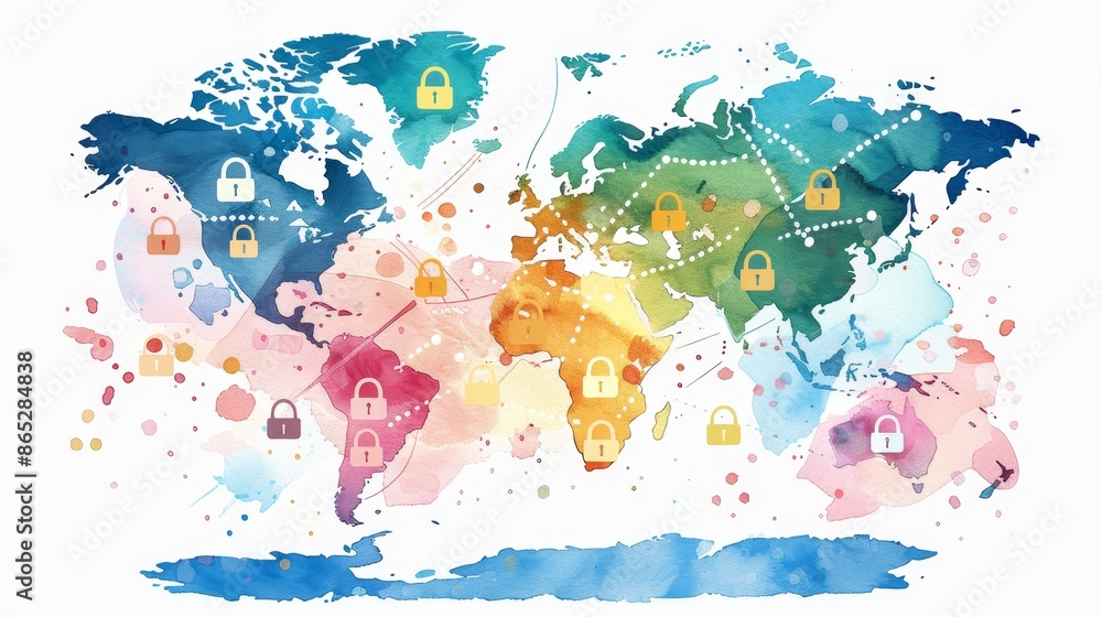 Obraz premium Watercolor illustration of a colorful world map with various global location pins, each connected by chains and padlocks symbolizing the lockdown of countries,