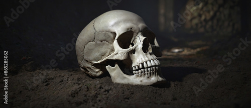 Realistic Human Skull inside the grave with shadow on the ground, Generative AI