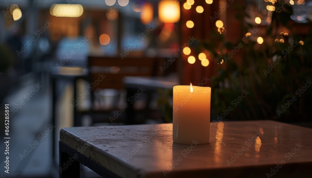 Candle shining at winter outdoor table cozy ambiance focused bokeh Candle shining at winter outdoor table cozy ambiance focused bokeh