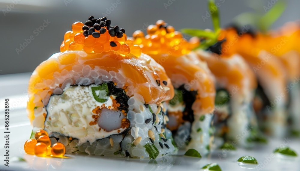 California with cream cheese tobiko caviar in close view California with cream cheese tobiko caviar in close view