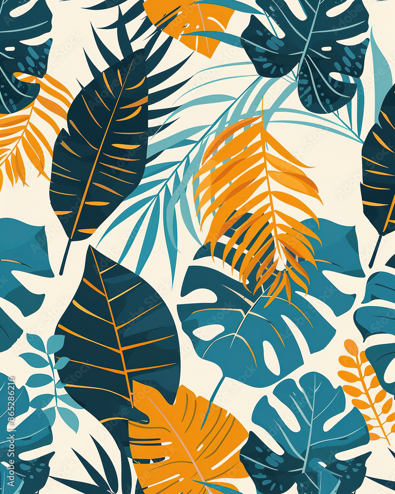 Fototapeta premium Abstract teal Summer Pattern With Copy Space for Text. Bright Tropical Leaves And Plants