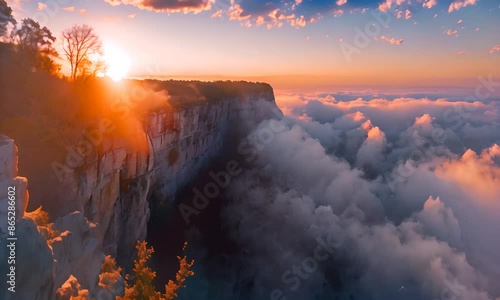 Fog envelopes the Little River Canyon National Preserve at sunrise from a high sandstone cliff, Fort Payne, Alabama. Panorama. 4K Video photo