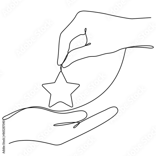Hand giving star continuous line drawing. Rating symbol. Human arms palms. Feedback concept. Vector illustration isolated on white.