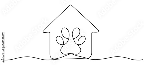 Continuous one line drawing animal footprint in house. Animal shelter concept. Veterinarian clinic symbol. Vector illustration isolated on white.