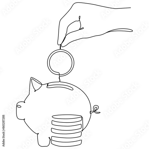 Hand putting coin in piggy bank continuous line drawn. Investment and save money concept. Vector illustration isolated on white.