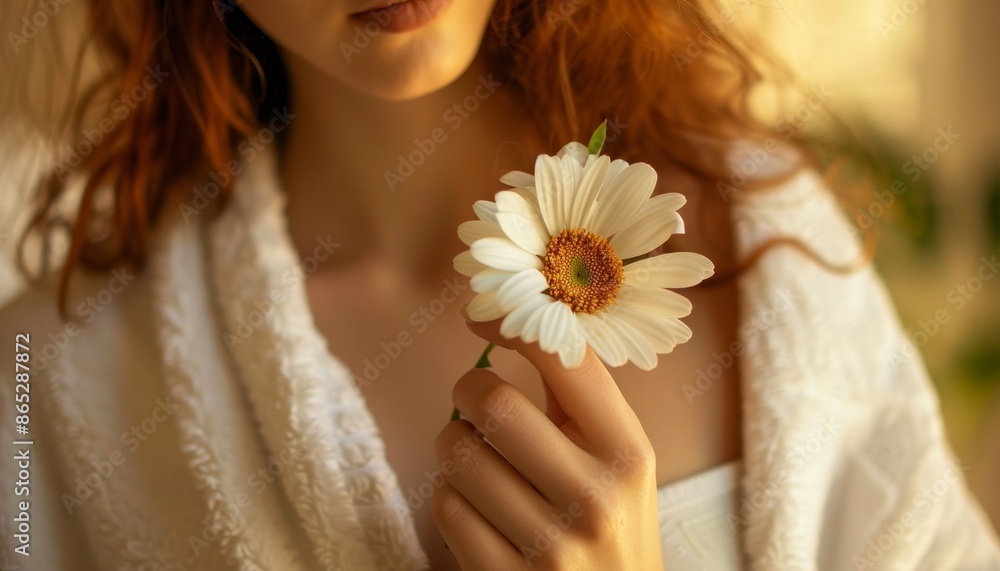 Naklejka premium Closeup of young woman holding a beautiful flower in a bathrobe
