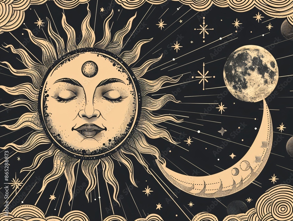 nursery bohemian moon phases and stars on dark color background, wallpaper nursery bohemian moon phases and stars on dark color background, wallpaper