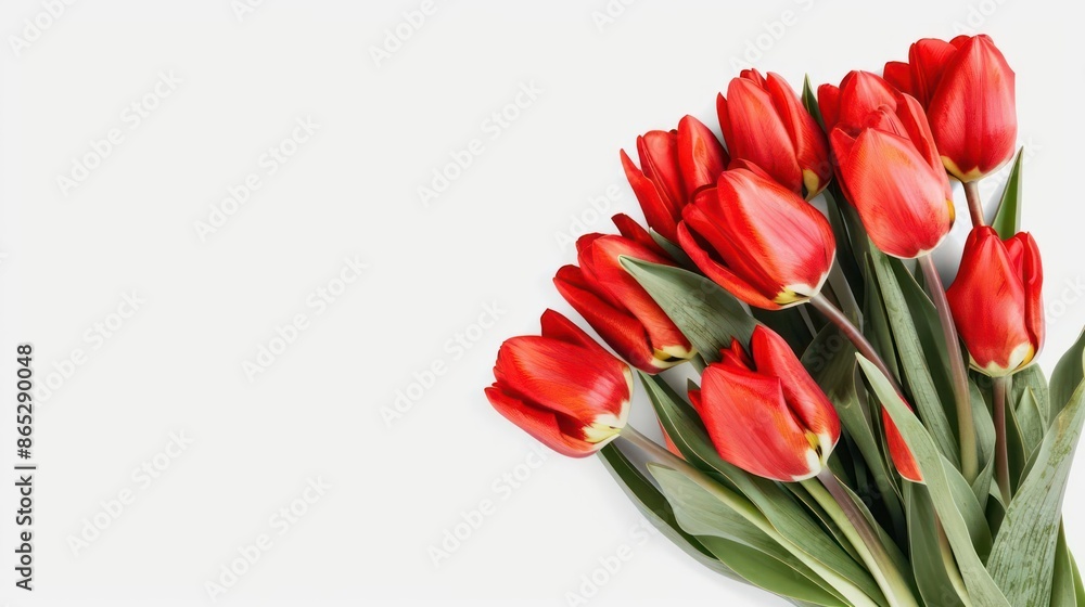 A beautiful arrangement of tulips in full bloom, isolated with room for text on a clean background A beautiful arrangement of tulips in full bloom, isolated with room for text on a clean background