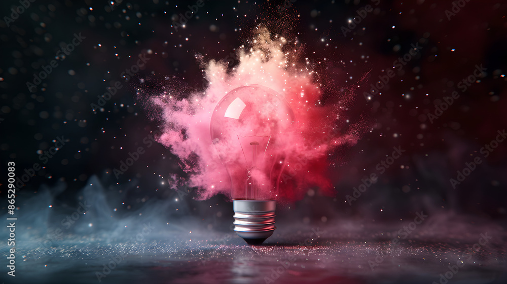 Illuminated light bulb exploding with pink smoke Illuminated light bulb exploding with pink smoke