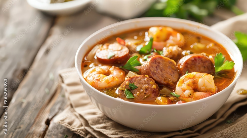 A bowl of rich gumbo with seafood and sausage, styled to perfection, isolated with room for text A bowl of rich gumbo with seafood and sausage, styled to perfection, isolated with room for text