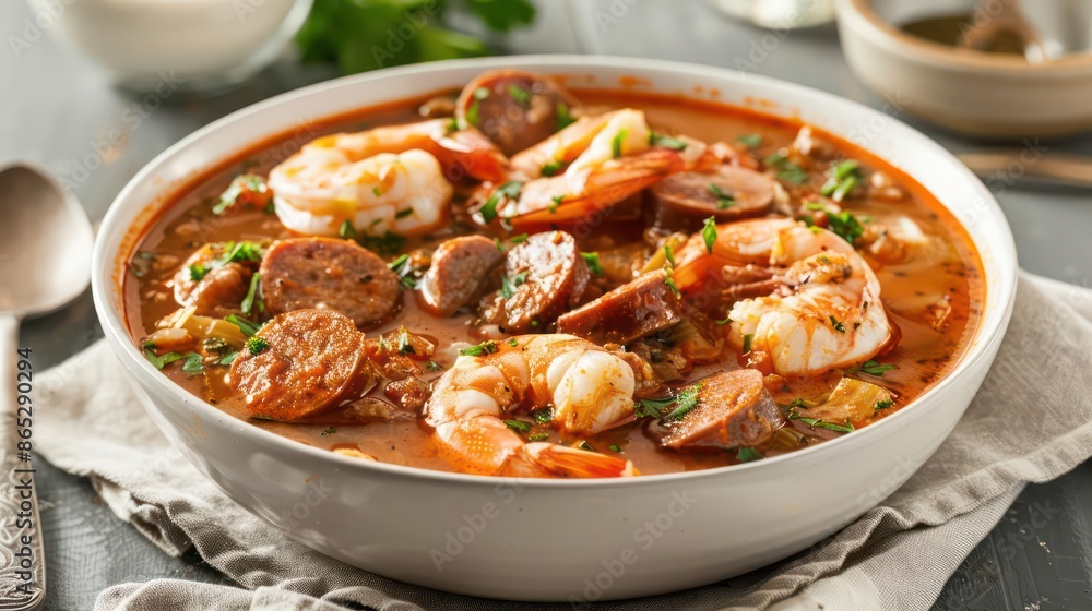 A bowl of rich gumbo with seafood and sausage, styled to perfection, isolated with room for text A bowl of rich gumbo with seafood and sausage, styled to perfection, isolated with room for text