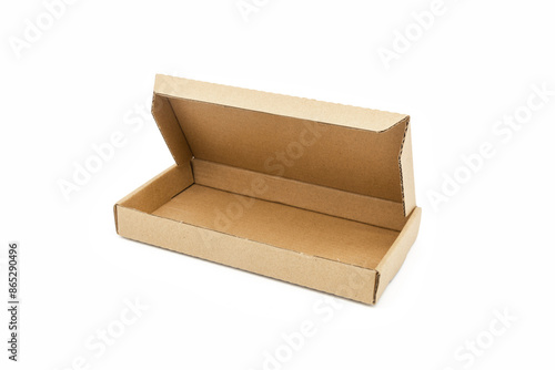 A thin opened kraft paper courier box isolated on white background	