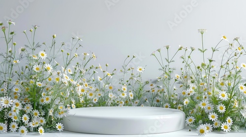 On a white background, an empty podium or pedestal with chamomile flowers. An empty shelf product stands against a blank background. Generative AI.