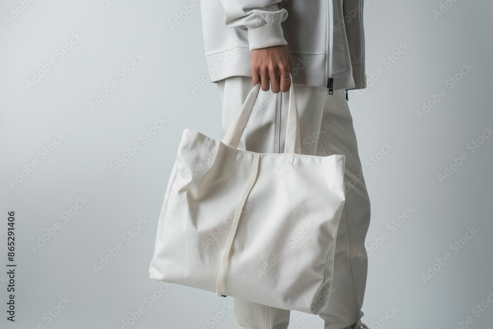 Stylish caucasian person hand holding white mockup tote bag on white background Stylish caucasian person hand holding white mockup tote bag on white background