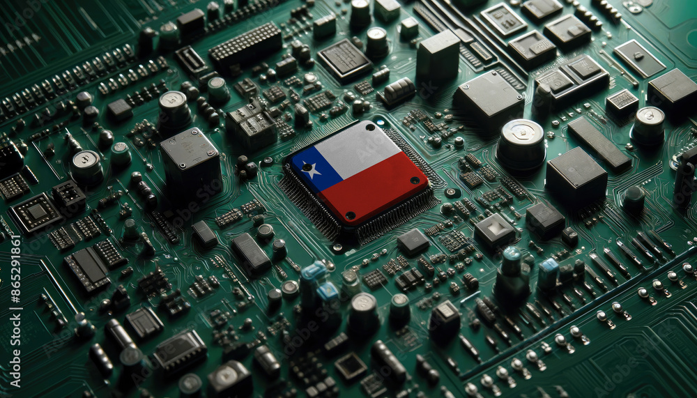 A detailed circuit board showcasing an Chile flag on a central microchip, symbolizing the strong foundation of technology and electronics in the Chile A detailed circuit board showcasing an Chile flag on a central microchip, symbolizing the strong foundation of technology and electronics in the Chile