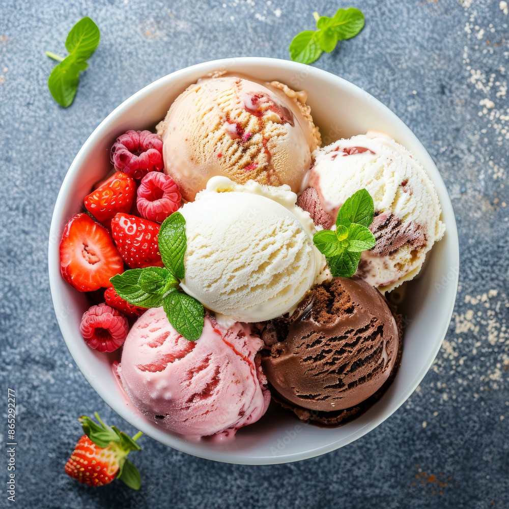 A variety of ice cream flavors including fresh blueberry, strawberry, kiwi, lemon, and vanilla arranged on a rustic background. Perfect for summer and sweet ice cream themes. A variety of ice cream flavors including fresh blueberry, strawberry, kiwi, lemon, and vanilla arranged on a rustic background. Perfect for summer and sweet ice cream themes.