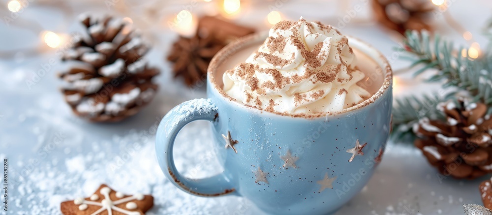 Warm winter beverage: hot chocolate topped with whipped cream in a blue cup. Festive season vibes at home, decorated with homemade gingerbread cookies, pine cones, and lights against a white backdrop. Warm winter beverage: hot chocolate topped with whipped cream in a blue cup. Festive season vibes at home, decorated with homemade gingerbread cookies, pine cones, and lights against a white backdrop.