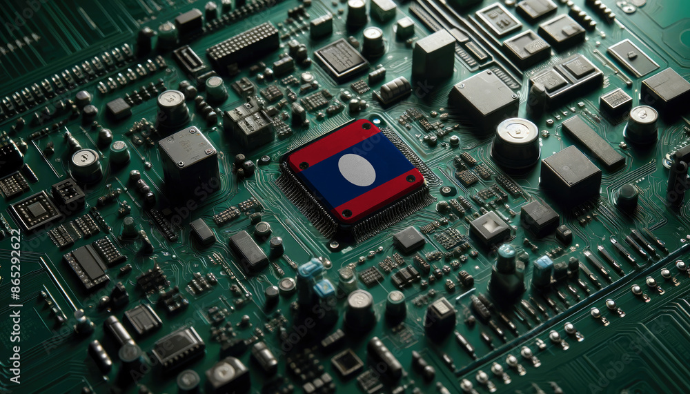 A detailed circuit board showcasing an Laos flag on a central microchip, symbolizing the strong foundation of technology and electronics in the Laos A detailed circuit board showcasing an Laos flag on a central microchip, symbolizing the strong foundation of technology and electronics in the Laos