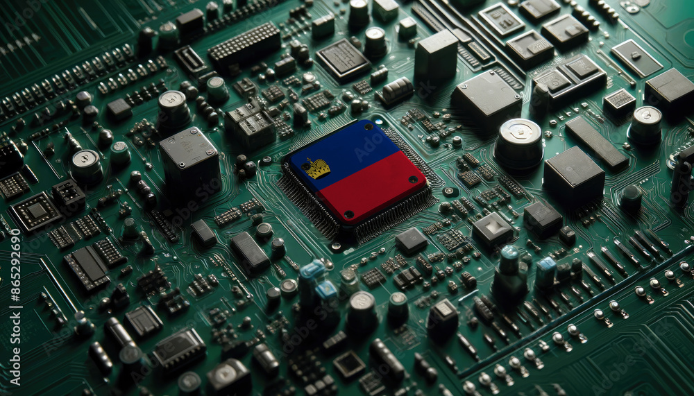 A detailed circuit board showcasing an Liechtenstein flag on a central microchip, symbolizing the strong foundation of technology and electronics in the Liechtenstein A detailed circuit board showcasing an Liechtenstein flag on a central microchip, symbolizing the strong foundation of technology and electronics in the Liechtenstein