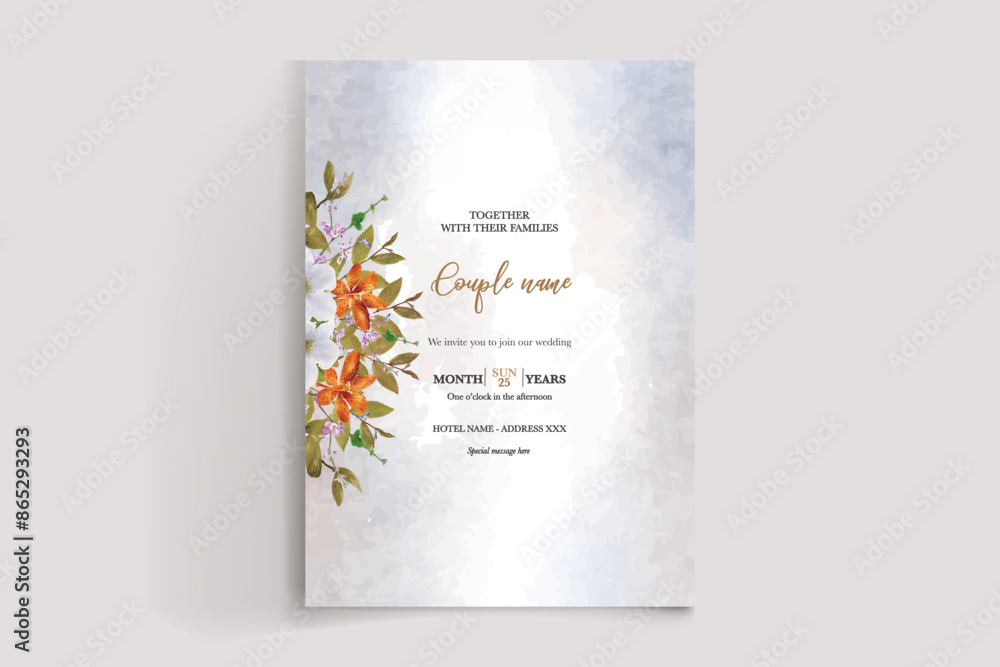 WEDDING INVITATION FRAME WITH FLOWER DECORATIONS AND FRESH LEAVES WEDDING INVITATION FRAME WITH FLOWER DECORATIONS AND FRESH LEAVES