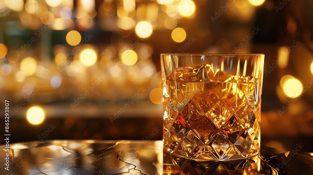 Crystal glass of whiskey with ice against a background of warm, blurred lights, creating a cozy and elegant atmosphere. Crystal glass of whiskey with ice against a background of warm, blurred lights, creating a cozy and elegant atmosphere.