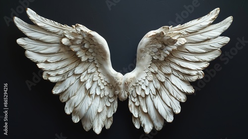 Symmetrical White Angel Wings on Black Background photo