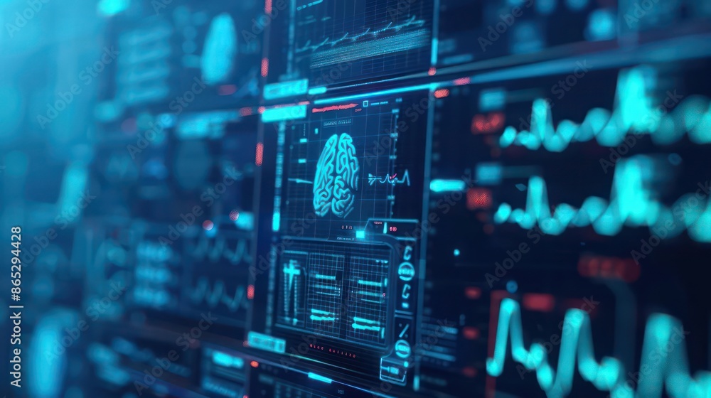 A conceptual image of advanced cyber medical devices with holographic displays, perfect for a healthcare banner with ample copy space A conceptual image of advanced cyber medical devices with holographic displays, perfect for a healthcare banner with ample copy space