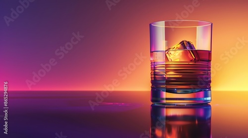 Elegant glass of whiskey with ice on a reflective surface, illuminated by vibrant purple and orange lighting, creating a sophisticated atmosphere.